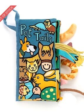 Jellycat “ Pets Tails” Soft Cloth Activity Book in Yellow, Teal & Brown